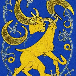 Book of Kells carpet page in blue and yellow colors, picture of a bighorn ram in armor and holding a football, a highly detailed illustration, realistic render, 8 k, micro detail, intricate, elegant, centered, digital painting, Artstation, smooth, sharp focus, illustration, artgerm