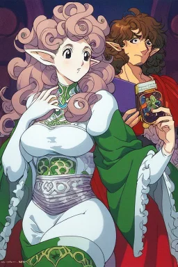 woman, elf, pointy ears, curly ginger hair, black eyes, white skin, fantasy clothing, DVD screengrab from studio ghibli movie, designed by Hayao Miyazaki, retro anime
