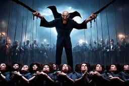 an evil government looms above, wielding marionettes below as the news media broadcasts their suffering in the background, dystopian, dread, horror