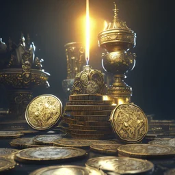 dynamic lighting, Intricately detailed, Splash screen art, deep color, Unreal Engine, volumetric lighting, silver coins, gold coins, silver treasure, stacked coins, indoors, candle, altar, black table, sigil, shiny, metallic, bullion,