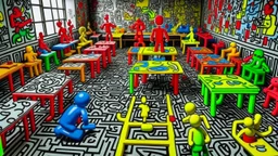 A factory filled with toys and instruments painted by Keith Haring