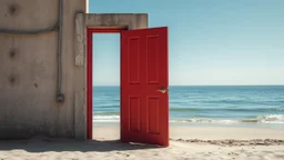 A bright red door is partially open, set against a backdrop of calm blue ocean waters and a sandy beach. The wall around the door is weathered and peeling, with exposed concrete and some electrical wires visible. The scene has a tranquil yet surreal quality, with gentle waves lapping at the shore and hints of sunlight illuminating the area. Beachfront surreal distant photo, archival pigment print, minimal composition, serene vibe, amazing reflections, liminal space, liminal vibe, unnerving