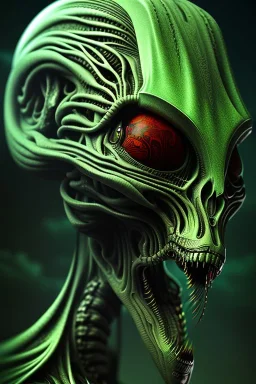 alien, head, dark, evil,green eyes, weapons, blood, 8k, finely detailed, photo realistic, HR Giger style