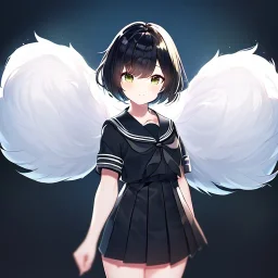 Clear focus, High resolution, fluffy black short hair, dark green eyes, wearing a black sailor uniform and pleated black skirt, fluffy hair, detailed outfit