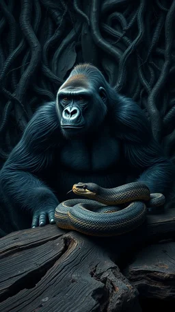 A gorilla in the background of black vein, human veins, mixing together a lot of them, like a forest, big and small veins a lot of them, an army a snake on an old broken wooden table