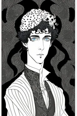 Black haired blue eyed freckled young male warlock in the style of aubrey beardsley