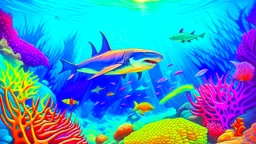 realistic coloring, underwater, coral reef, shark