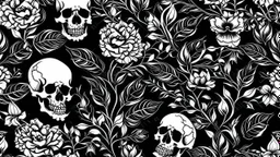 tracery of flowers and skulls, black and white, minimalistic