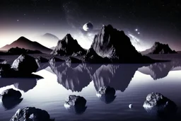 Grey Exoplanet in the hotizon, rocks, Night, lagoon reflection, sci-fi, epic