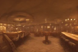 an inn, with a large dining room and a bar on one side. At the bar, a larger, older man with no hair is standing, conversing with a dwarf sitting in a bar stool on the other side. A large fireplace is lit in the center of the room. In addition to that, there are a handful of guests scattered around the room…