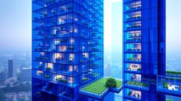 Monumental sapphire-blue glass cube inhabited by a utopian community, minimalist apartments arranged in a honeycomb pattern, exterior walls that change hue depending on the sunlight, common spaces bathed in a blue glow, suspended terraces with hydroponic gardens, neo-Bauhaus style