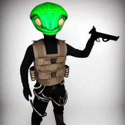 Alien, snake, metaljellyfishsombrero, vest, hands, holding gun, holster, steel military boots, squishy, chest plate, oxygen mask