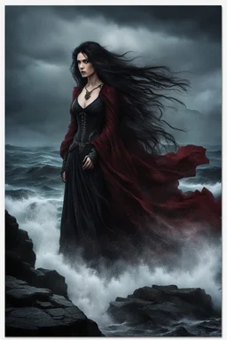 A somber woman, dressed in gothic attire, in deep, dark colors standing alone on a massive, jagged rock jutting out into the ocean. stormy sky , her long black hair whips around her face, streaked with raindrops as they tumble from the heavens. Despite the cold and dampness of the air, she remains stoically still, as if the rock were her only anchor in this tempestuous world. dramatic, epic mood,, intricate detail, creepy stunning