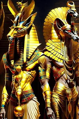 Egyptian gods, full of splendor and wearing golden clothing