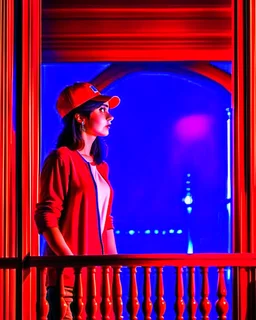 woman with a red baseball hat. leaning on a wooden balcony. night time. anime. studio lightining.