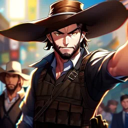 Clear Focus High resolution, Bearded, gunslinger, short brown hair, serious eyes,, serious