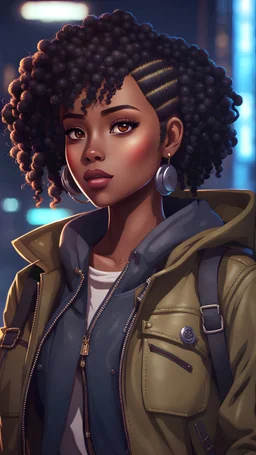 twenty year old black girl with short hairs, with a jacket and rock clothes style, from head to toe, best quality, digital painting, 4k, sharp focus, intricate texture, skin imperfections, blank background. , interactive novel style,bokeh, professional, anime clean drawing,Your Name, 4k, highly detailed, clear lighting,