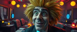 high class realism,, A really close up portrait of one person individually mutated with hairy wigs glowing, messed up uranium creatures in a dimly lit boardroom, with playful expression. The room is filled with scattered papers, glowing vials, and miniature nuclear reactors. Style: whimsical digital illustration, cinematic lighting, colorful