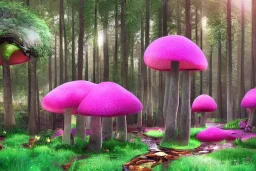 Fantasy Paysage forêt maison dans les grands arbres avec champignons roses et une rivière bordée de grandes fleurs roses, lumiere volumetrique unity engine