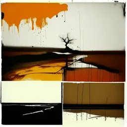 Melancholy Minimal abstract flat landscape painting. Rough brushstrokes and dripping paint. A single orange colour highlight with complimentary background colours. Use rule of thirds. Place the Horizon line at the top. Style of Justin Mortimer.Abstract empty landscape painting. Dripping paint. Rough. Minimal. Style of Justin Mortimer.