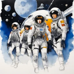 [art by Ralph Steadman] Masamune Shirow style: three agents of criminal minds FBI team, on a scene crime in spacesuits in the space station (women and men) ink and aquarelle drawing
