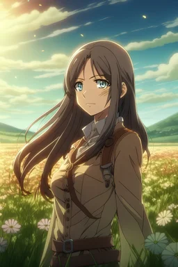 A screenshot of Attack on Titan showing a female with long, wavy black hair and large brown eyes. Beautiful background scene of the flower field behind her. With artistic screenshot of the studio