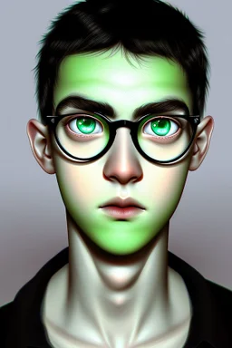 Book description: A boy with thin face, black hair and bright-green eyes. He wore round glasses. very thin scar on forehead