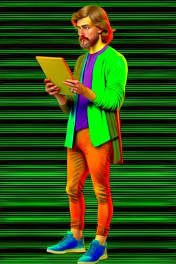 Modern guy, 20s, holding ipad, hand lower, looks like a renaissance painting, facing forward, full body, green