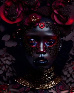 Beautiful young faced african voodoo vantablack woman adorned with garden red qnd ginger . Pansy flower metallic filigree decadent samanism garden pansy rhinesstone covered floral headress ornated woman portrait wearing rhinestones ribbed face masque and floral filigree embossed dress vantablack gothica voidcore decadent organic bio spinal ribbed detail of ribbed mineral stones extremely detailed hyperrealistic maximálist concept art rococo portrait art