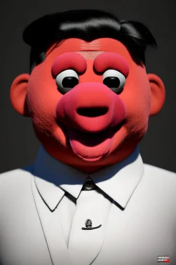 Waist up muppet Portrait, Kim Jong-un muppet doll, black suit, photo studio, red background, unreal engine 5, concept art, art station, ray tracing, lumen lighting, ultra detail, volumetric lighting, 3d.