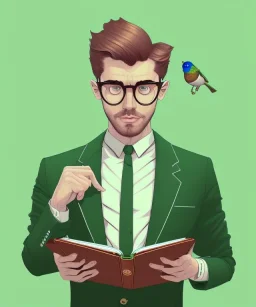 Fit man in round glasses with bookshelf in background,no beard, reading book, slim, tie, monotone, green eyes, comic book style, two tone colours, detailed, ink, realistic, handsome, square jaw, big brows, no jacket, bird on the shoulder, spotlight