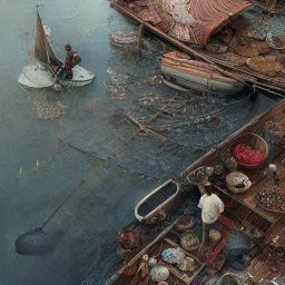 Insanely detailed photograph of an “artexture plans fisherman on a dock” with intricate detailed of natural lighting, intricate embroidered band of ceiling candles, hyperdetailed painting by Ismail Inceoglu Huang Guangjian and Dan Witz CGSociety ZBrush Central fantasy art album cover art,8K, hdr, romantic, mysterious, ominous, flowers, jewelry, steam,oil,cafe,street vendor,steamship,D&D