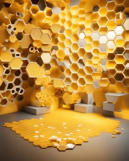 virtual studio, photo wallpaper with honeycombs, a beautiful yellow background, false windows and bright pseudo-lights and spots on the walls, display shelves for products, illuminated hexagons