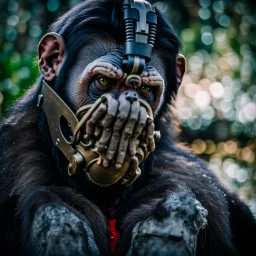 Ape, Primate, hominid, breathing device, respirator, Dystopian, Extreme depth of field, bokeh blur, Alberta, all-natural, in the style of candid, Fuji Film, Anamorphic lens