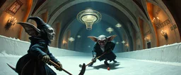 pin hole cam, master oil painting by Rembrandt, d&d glam rock and glitter vampire gremlin illithid and lich playing hockey in ice skating hall or church, in the style of giger and escher, sci fi with floating little saucers
