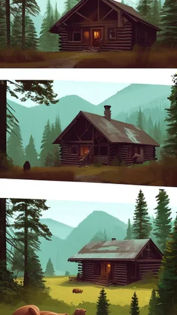 A cabin in the woods, a big brown bear, a movie scene, a more accurate picture