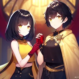 Clear focus,High resolution, Black short fluffy hair, and yellow eyes, wearing a black short skirt, sleeveless crop top, wearing long dark red gloves, yellow cloak, Holding hand out