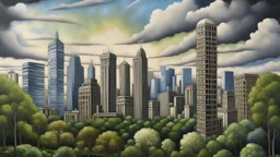 A cityscape painting depicting a modern urban skyline with tall skyscrapers and buildings, set against a cloudy sky. The foreground features some trees and a grassy area. The overall style appears to be a stylized representation of a city landscape