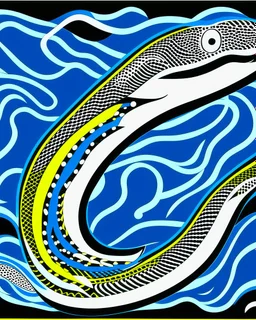 A cyan lightning elemental electric eel designed in Navajo woven art painted by Roy Lichtenstein