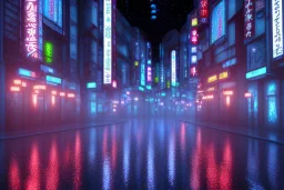 Cinematic, romantic, atmospheric, night, Tokyo, dark, rain, high definition, blue neon lights, blender 3d