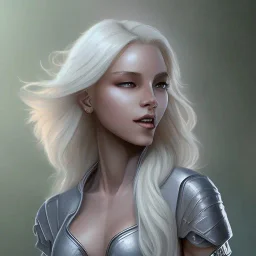 D&D character, female, cleric, platinum blonde hair, gold eyes, smile, blue armor