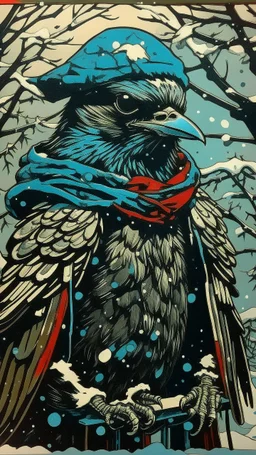 A contemporary serigraphy portrait by Kuniyoshi of a crow adorned in a punk leather jacket within a snowy Christmas atmosphere.