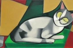 Cubist painting of a cat sitting on a green table