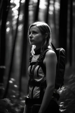 professionally black and white photograph, realistic, film grain, attractive girl 30 years, harness latex, in dark forest like an animal, back to nature telephoto shot, depth of field, RAW, nikon d850,