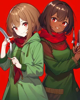 Short brown hair, green hooded blouse, red scarf, dark reddish background reminiscent of blood, holds a knife and smiles madly, and has red eyes that glow in the darkShort brown hair, green hooded blouse, red scarf, dark reddish background reminiscent of blood, holds a knife and smiles madly, and has red eyes that glow in the dark