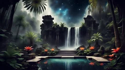 My With dreams. In the garden my mind bows . The lost temple aztec in the midst in the jungle palms , A rocky mountain where a large waterfall falls from the sky. space color is black , where you can see the fire and smell the smoke, galaxy, space, ethereal space, panorama. With the songs of dawn and the sadness of sleep Every leaf - that trembles in the embrace of the green My With dreams, An otherworldly planet,