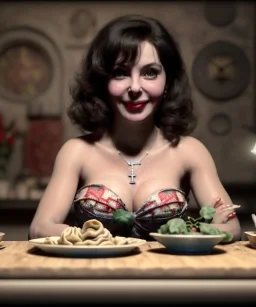 Ultra realistic photographic portrait, happy young Gina Lollobrigida woman sitting with arms resting on Italian kitchen table, pretty tortellini dish, classic style decoration, cold, soft color, highly detailed, unreal engine 5, ray tracing, RTX, lumen lighting, ultra detail, volumetric lighting, high definition.