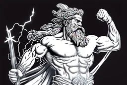 Detailed and realistic illustration of Greek god Zeus holding holding lightning in front of him Vintage style illustration. Red and white lightning. Ultra high resolution. Muscular, low fat percentage.