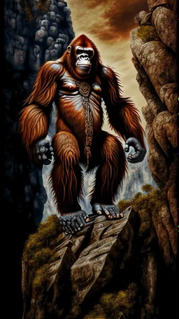 Orangutan Assassin Gothic symmetrical design standing on the edge of a cliff frontal view full body full arms full legs full head full hyper-detailed hyper-realistic ink art full legs 8k