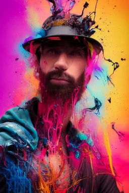 Dynamic ink art by alberto seveso of a full male body ,hat, handsome, wide shot, cyberpunk guns and knives, neon, vines, flying insect, front view, dripping colorful paint, tribalism, gothic, shamanism, cosmic fractals, dystopian, dendritic, artstation: award-winning: professional portrait: atmospheric: commanding: fantastical: clarity: 64k: ultra quality: striking: brilliance: stunning colors: amazing depth, cute colorful lighting (high definition)++, photography, cinematic, detailed character